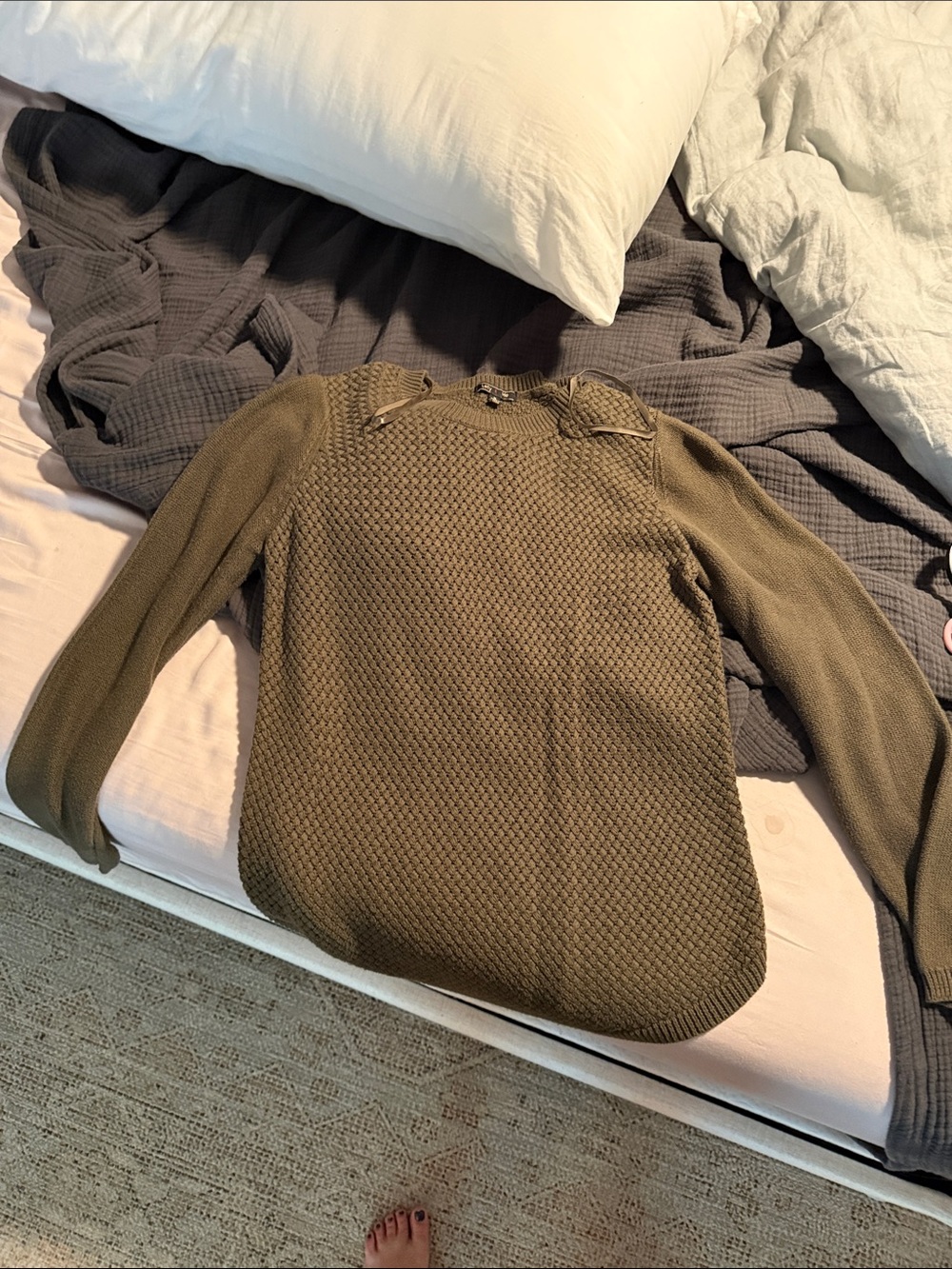 Crewneck Lace-Up Knit Sweater in Olive